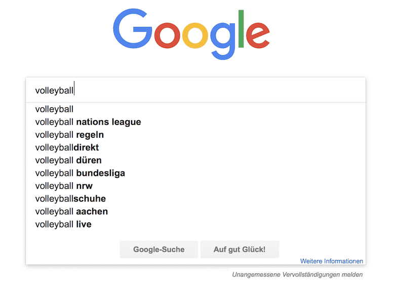 Google Suchergebnis Vorschläge für Volleyball