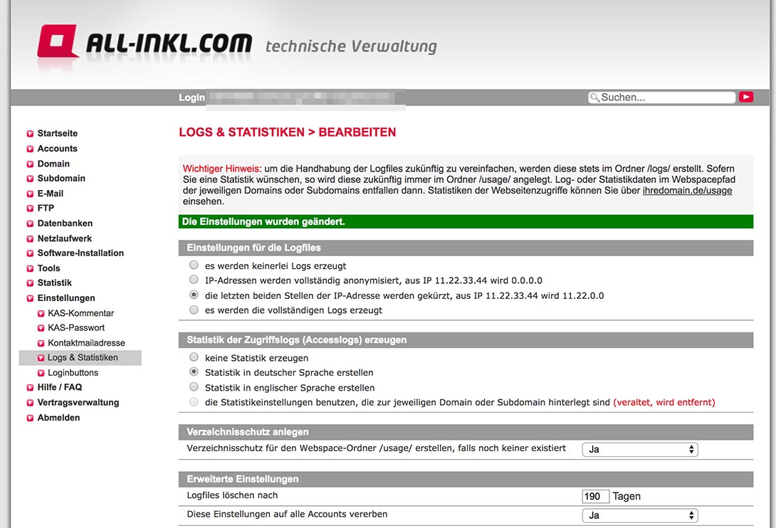 All-Inkl DSGVO Datenschutz Einstellungen Server Logfiles