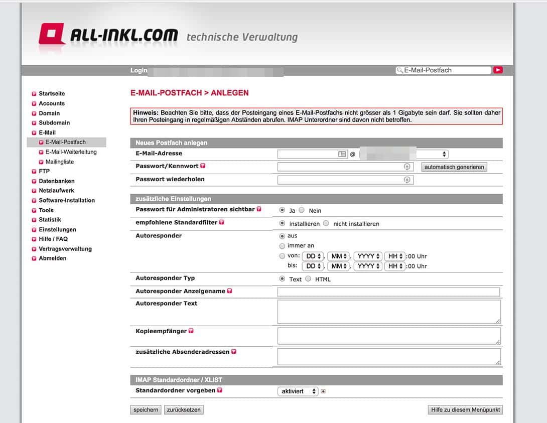 All-Inkl Email einrichten Postfach anlegen