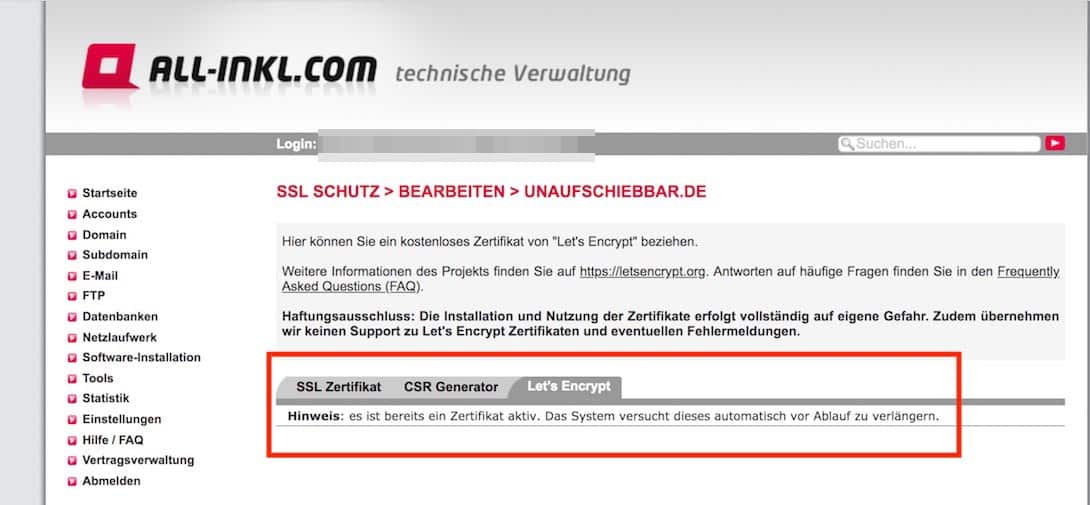 All-Inkl SSL https Letsencrypt