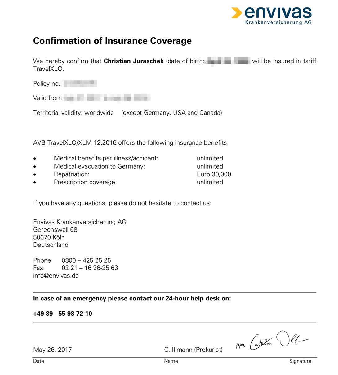 Auslandskrankenversicherung was mitnehmen? Confirmation of Insurance Coverage Reisekrankenversicherung