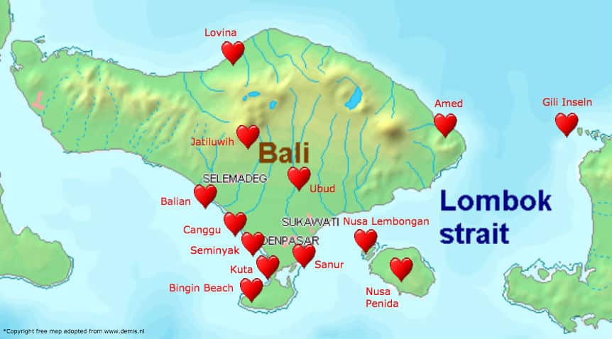 Bali Flitterwochen Rundreise Karte