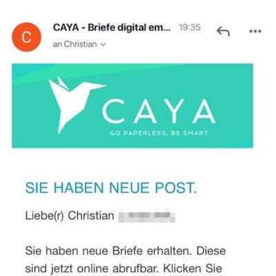 Caya Post Benachrichtigung per E-Mail Smartphone
