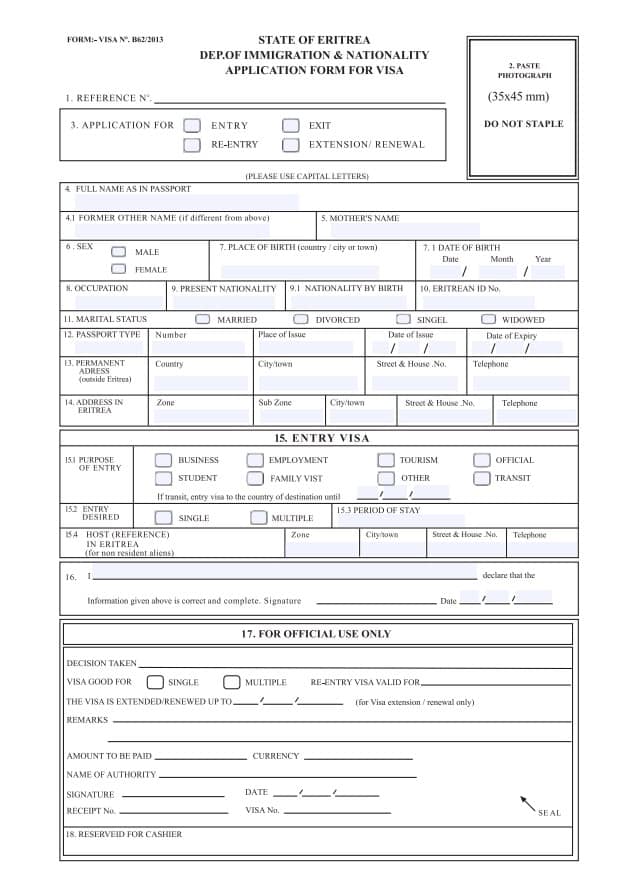 Eritrea Visum Eritrea Visa application form