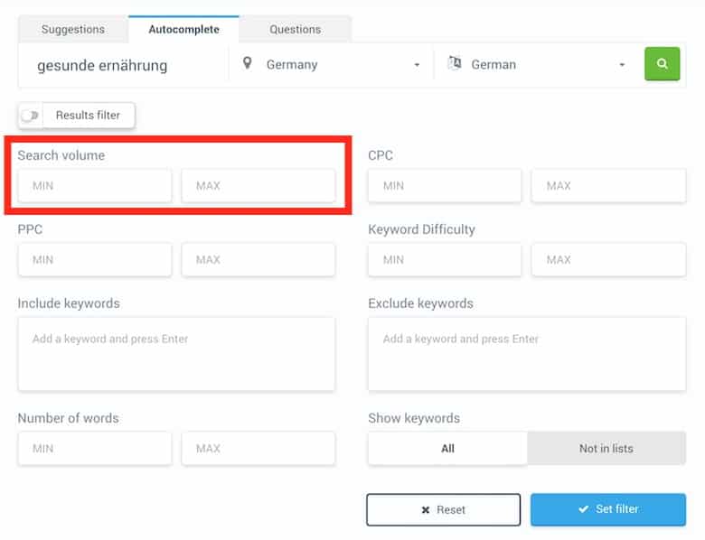 KWFinder results filter search volume