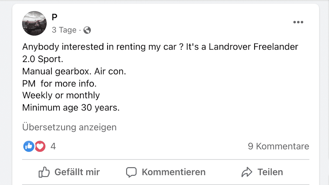 Mietwagen privat mieten Kanaren Anzeige Facebook