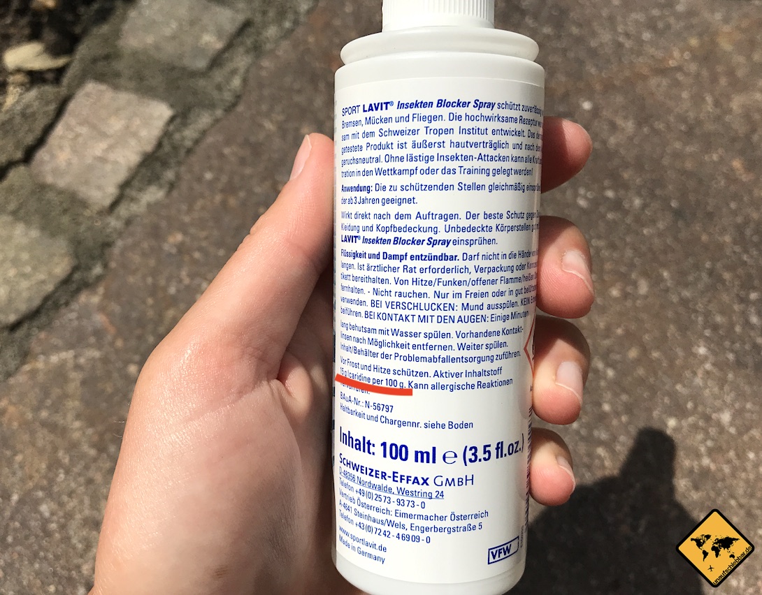 In unserem Mückenschutz Test waren Mittel mit Icaridin sehr gut hautverträglich. Hier siehst du das Etikett von Sport Lavit, das einen 15%-igen Icaridin-Anteil anzeigt.