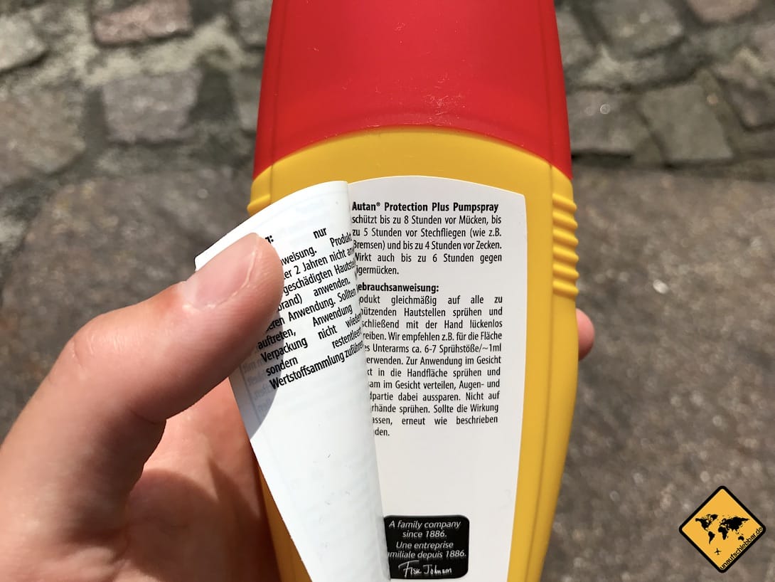 Mückenspray Test - ablösbares Etikett am Beispiel von Autan Protection Plus