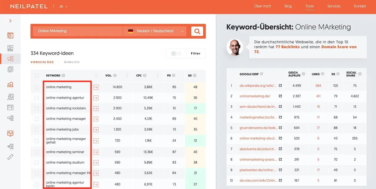 Online Marketing Tools Ubersuggest Vorschläge Keywords