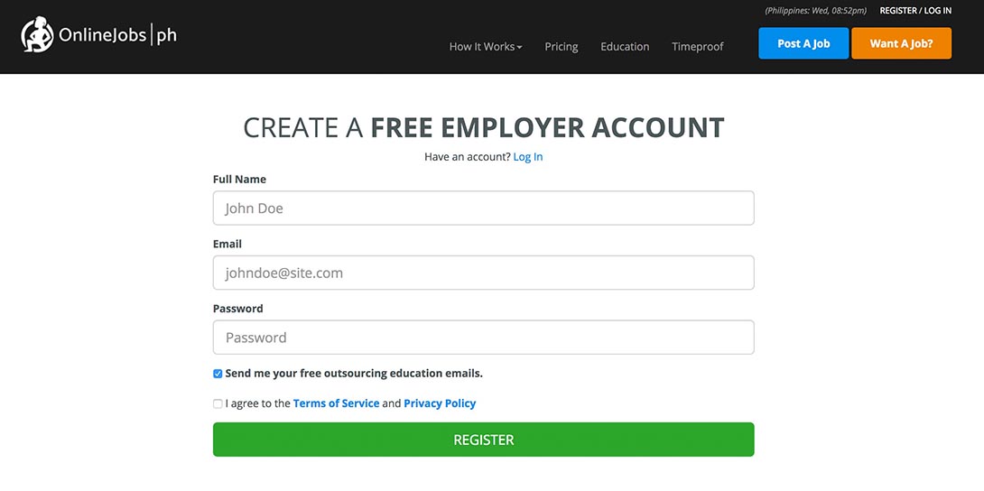 Onlinejobs.ph Registrierungsformular