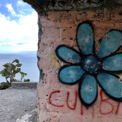 Auch ein Blumen Graffiti schmückt die Ruinen am Mirador Las Teresitas
