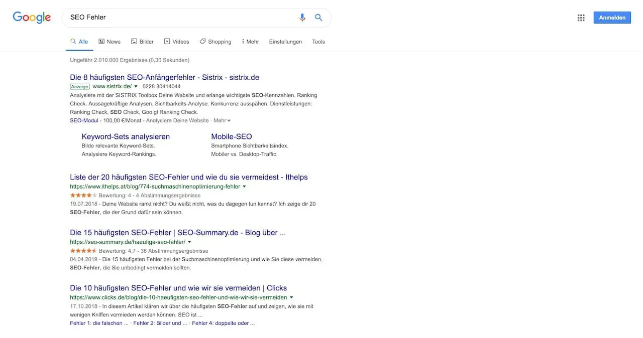 SEO-Fehler Suchresultate Google