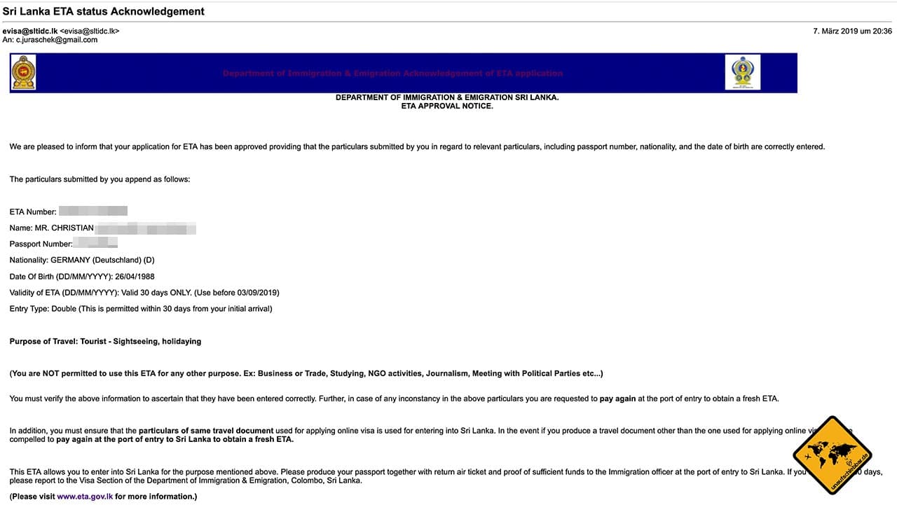 Sri Lanka Visum Visumantrag durch das Electronic-Travel-System