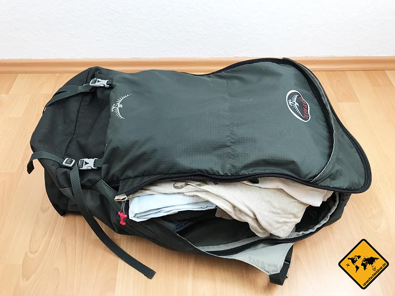 Thailand Packliste Backpacker Rucksack Osprey Farpoint 55 gepackt