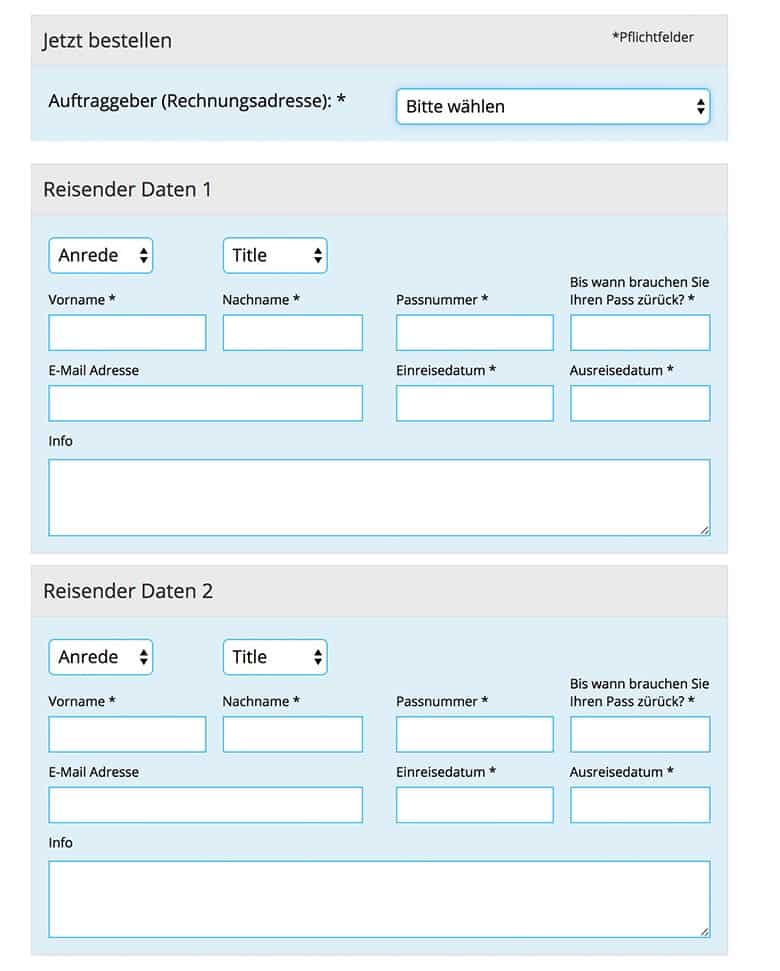 Visabox Erfahrungen Bestelldaten eingeben