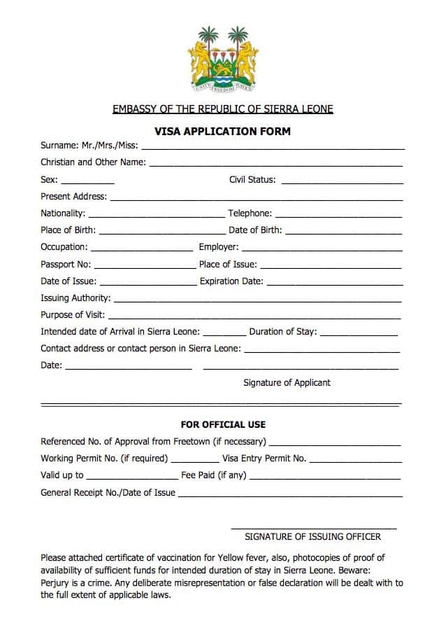 Visum Sierra Leone Visa application form