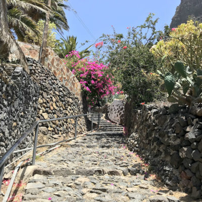 Die Schlucht von Masca ist mit kleinen Wegen und farbenfrohen Blumen hübsch gestaltet