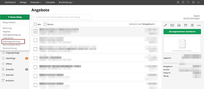 lexoffice Abschlagrechnung ohne Angebot Buchhaltungsprogramm
