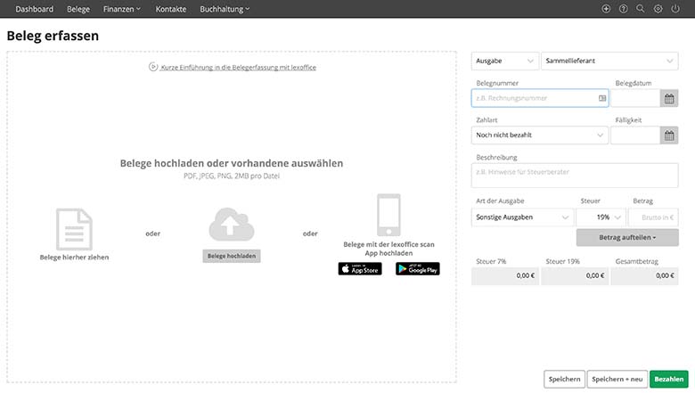 lexoffice Belege erfassen Übersicht